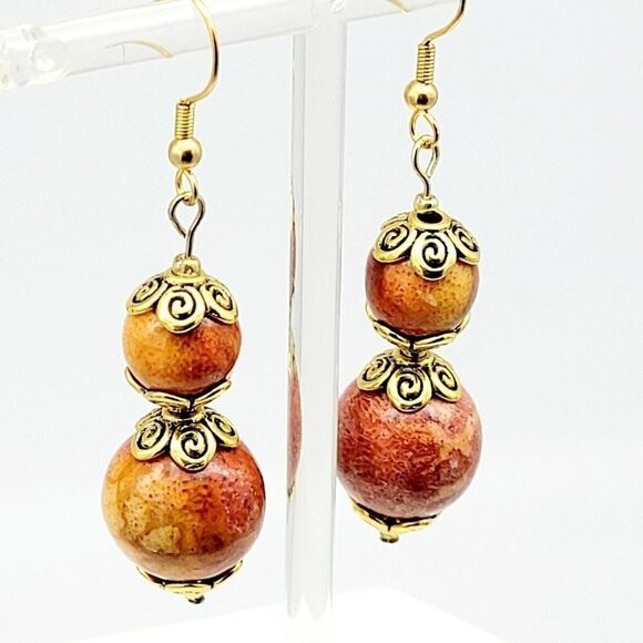 Artisan Wood Beaded Earrings Drop Dangle Dyed & Lacquered Fall Inspired 2 1/2" - Picture 4 of 6